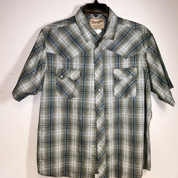 Mens Western Shirt XL Wrangler Pearl Snap Plaid Short Sleeve Green white - Picture 1 of 9